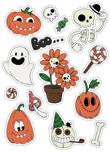 Набор наклеек с милыми персонажами хэллоуина. прикольные рисунки на тему хэллоуина, наклейки.