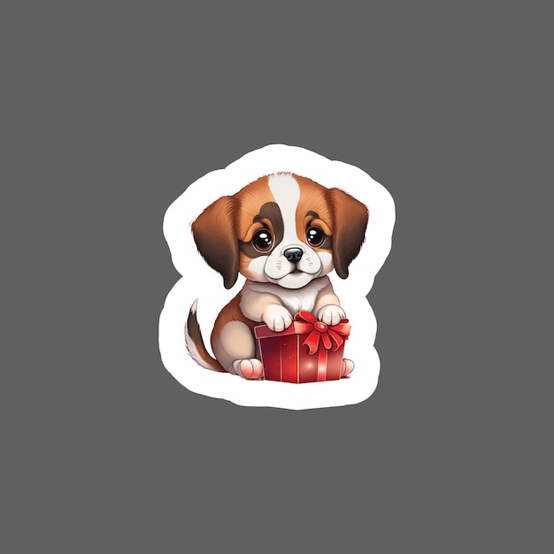 Vector sticker of puppy valentines with gift box