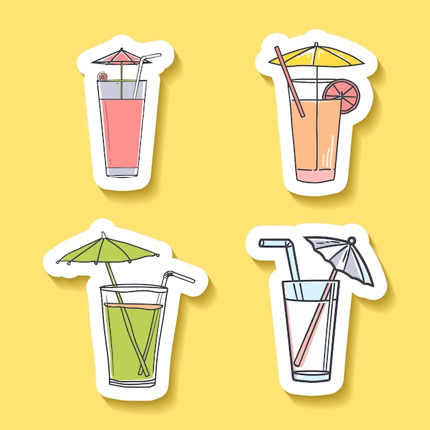 Sticker set of assorted drinks in doodle style