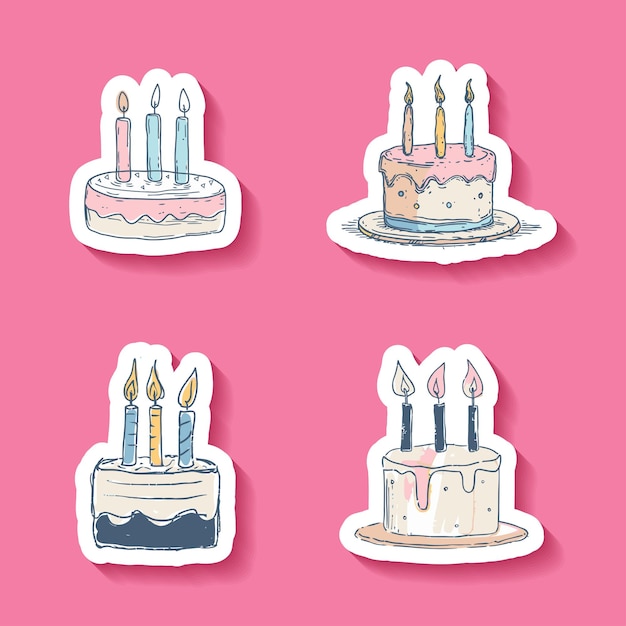 Sticker set of birthday cakes with candles