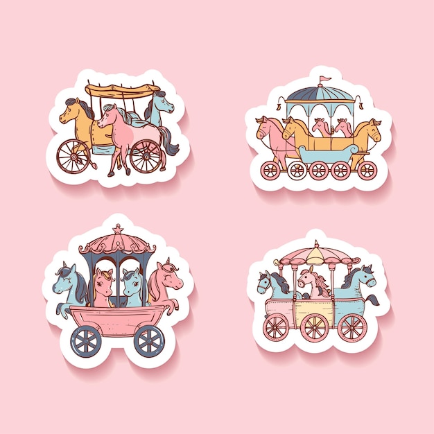 Vector sticker set of carousel horses and carriages