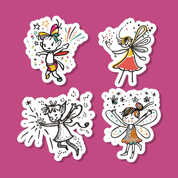 Vector sticker set of cartoon fairy characters with magical wands