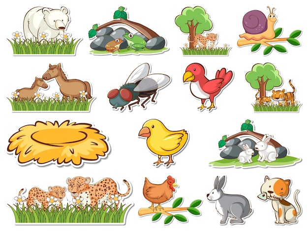 Sticker set of cartoon wild animals