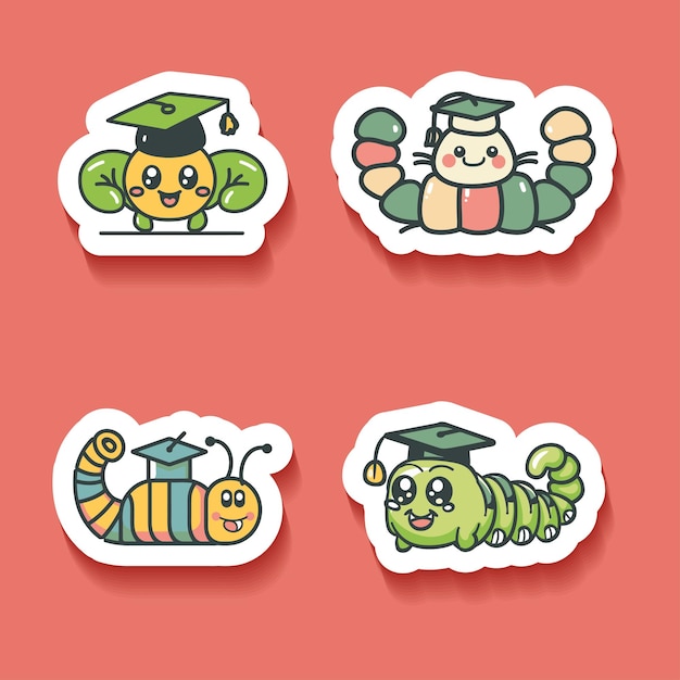 Sticker set of cheerful caterpillars with graduation caps