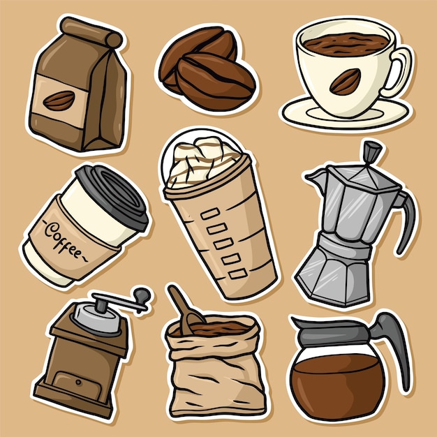 Вектор Набор наклеек coffee cartoon vector