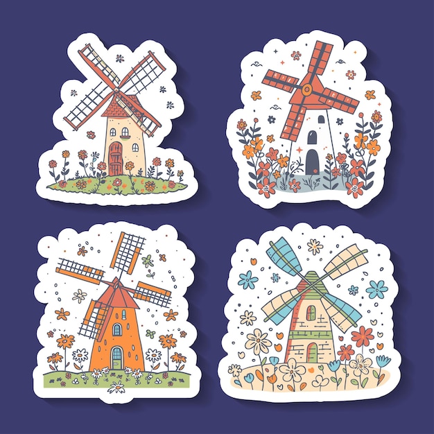 Sticker set of colorful windmills surrounded by flowers