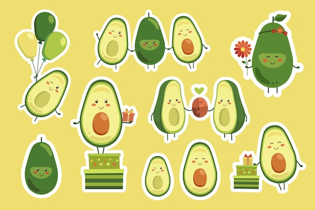 Vector sticker set of cute smiling avocado characters