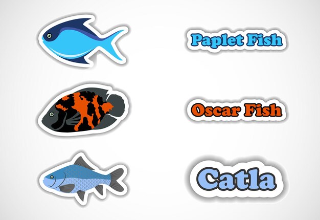 Sticker set of different fish Flat vector illustration