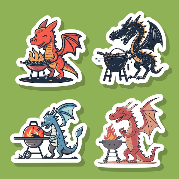 Vector sticker set of dragons grilling with barbeque equipment