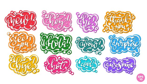 Sticker set English words new hey hi thank you see you wow surprise bye hot cool awesome and hola which means hello in spanish speech bubble icon symbols Communication concept clipart