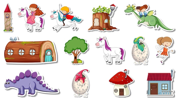 Vector sticker set of fantasy fairy tale cartoon characters