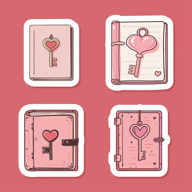 Sticker set featuring vintage keys and locks with hearts