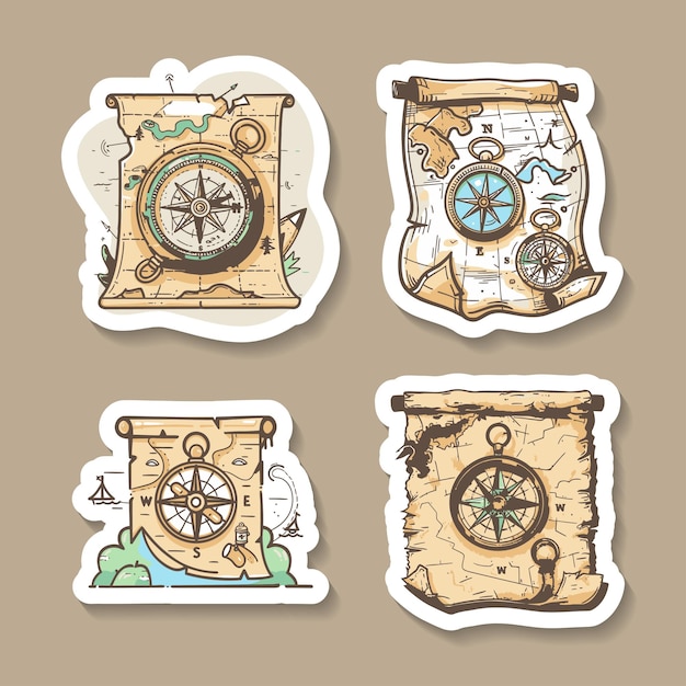 Vector sticker set featuring vintage maps and compass designs in various orientations