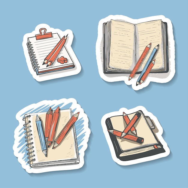 sticker set featuring writing pads and pencils