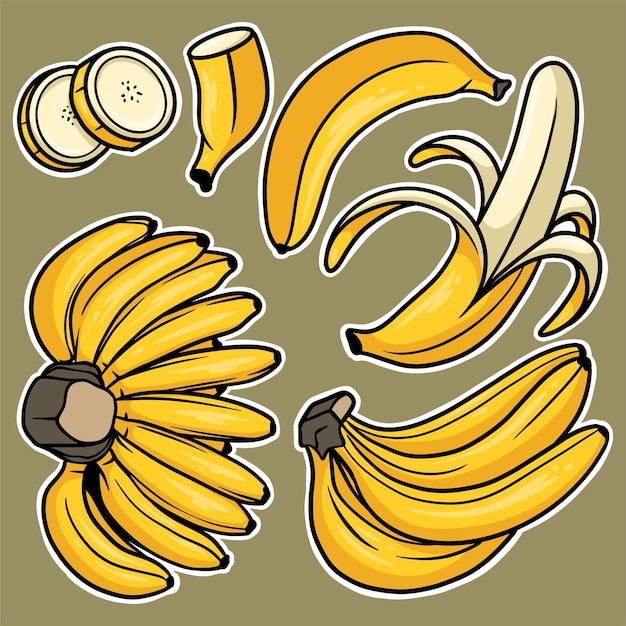 Vector sticker set hand drawn banana cartoon illustration