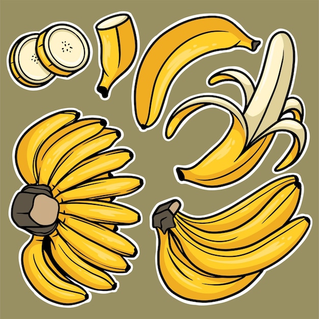 Sticker Set Handgetekende Banaan Cartoon Afbeelding