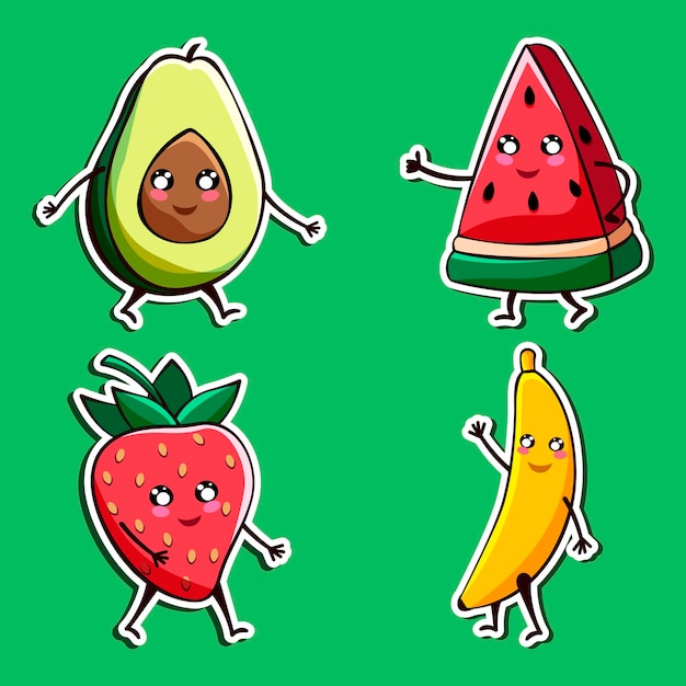 Sticker set of kawaii fruits in doodle style set of kawaii fruits sticker vector illustration