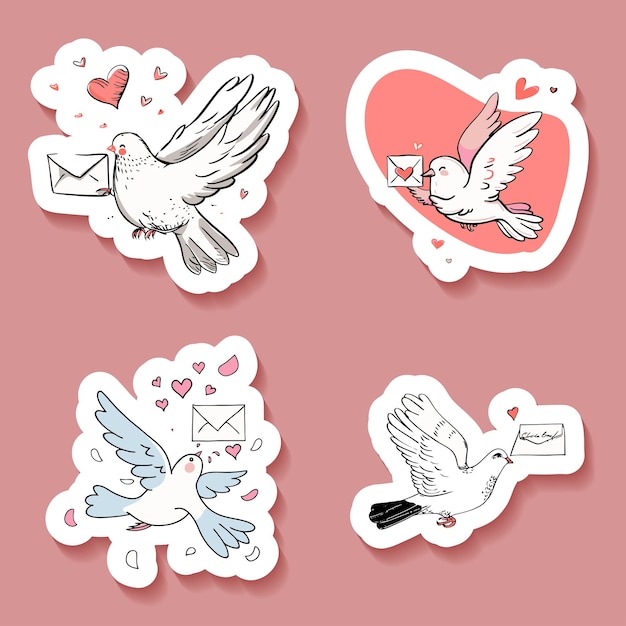 Sticker set of lovebirds delivering love letters and hearts