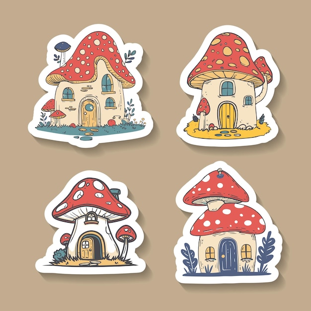 Vector sticker set of mushroom houses in various styles