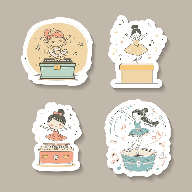 Sticker set of music boxes with dancing figures in various poses