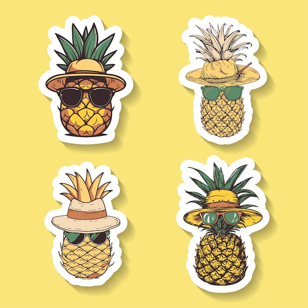 Vettore set di adesivi di ananas che indossano occhiali da sole e cappelli