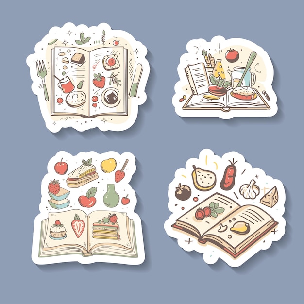 Vector sticker set of recipe books and ingredients with a cooking theme