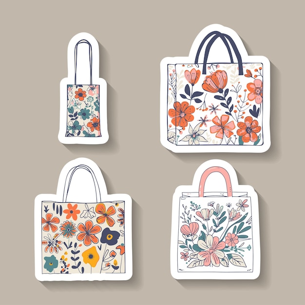 Sticker set of tote bags with floral patterns