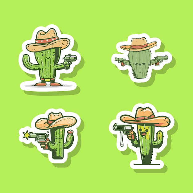 Sticker set van cactus personages als westerse cowboys met geweren