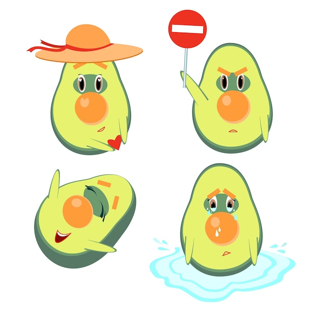 Sticker set van vector schattige avocado helden geïsoleerd op een witte achtergrond emotie gezichten Picture