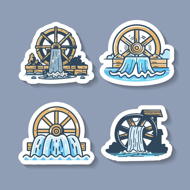 Vector sticker set of waterwheels in various designs