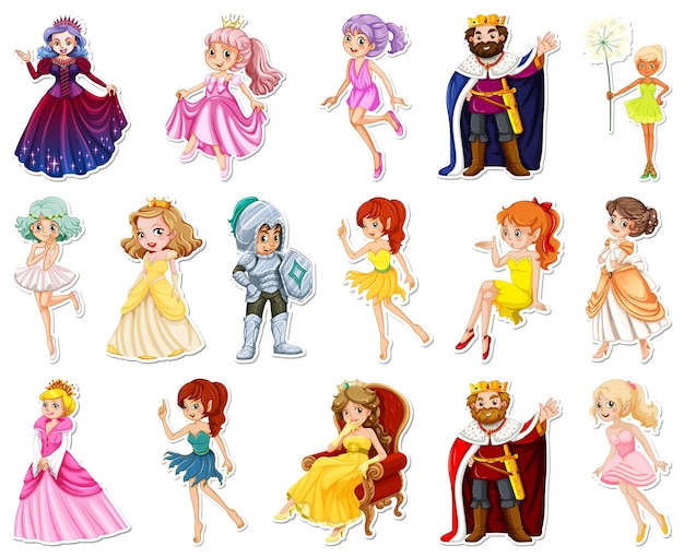 Vector sticker set with different fairytale cartoon characters