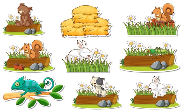 Vector sticker set with different wild animals and nature elements