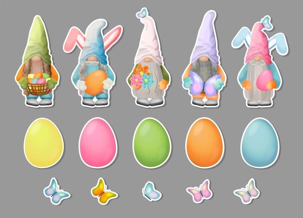 Vector sticker set with easter eggs gnomes and butterflies collection of easter gnomes with bunny ears