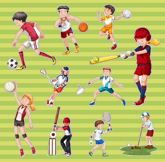 Vector sticker set with people playing different types of sports