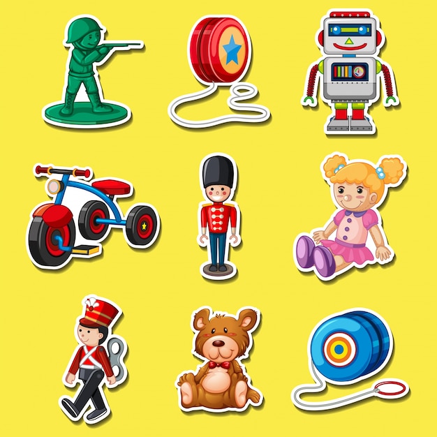 Vector sticker set with toys on yellow background