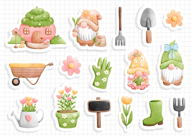 Sticker sheet garden gnome spring gnome vector illustration