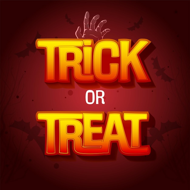 Sticker stijl trick or treat lettertype met zombie hand en silhouet vleermuizen vliegen op rode achtergrond.