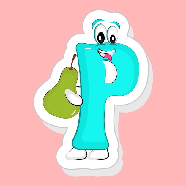Vector sticker style blue p alphabet cartoon holding pear on pink background