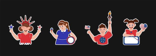 Sticker Style Boy And Girl Showing Firecrackers Flaming Torch And Flag Heart For American Day Or Event