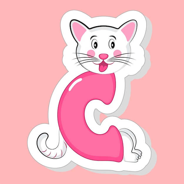 Sticker Style C Alphabet Animal Cartoon Cat On Pink Background