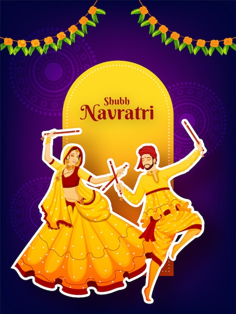 Vector sticker style character of couple dancing with dandiya stick