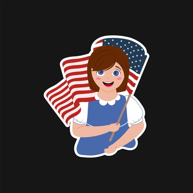 Sticker style cheerful girl holding american flag on black background