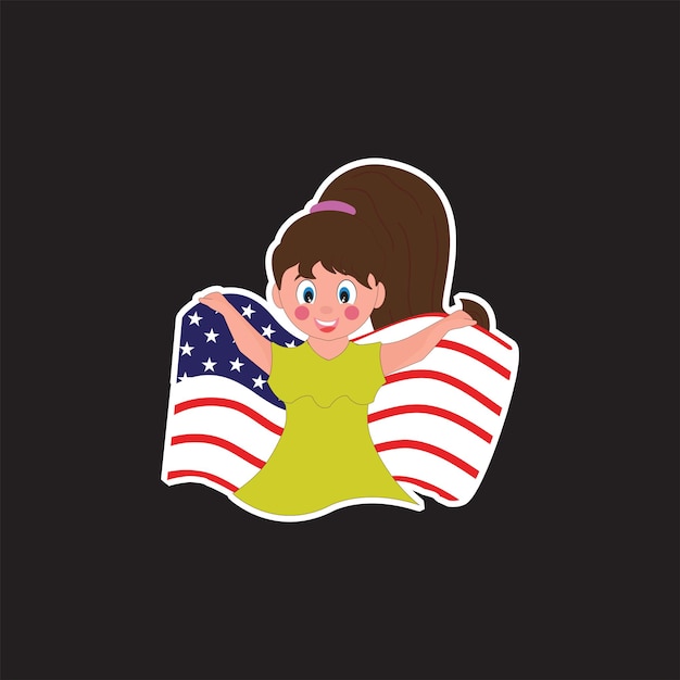 Sticker Style Cheerful Girl Holding Waving American Flag Over Background