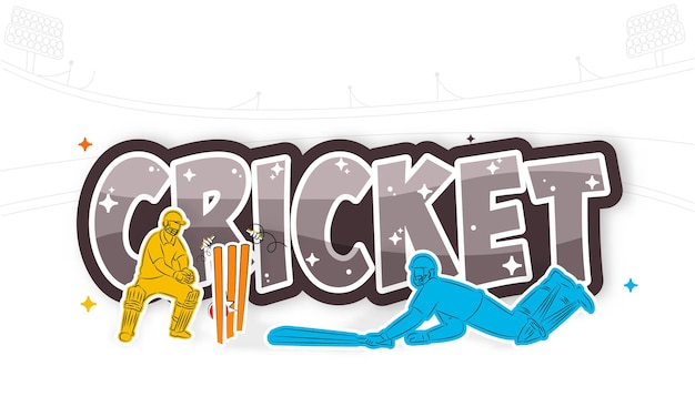 Стикер стиль крикет текст с бэтсменом и игрок хранитель калитки на белом фоне.