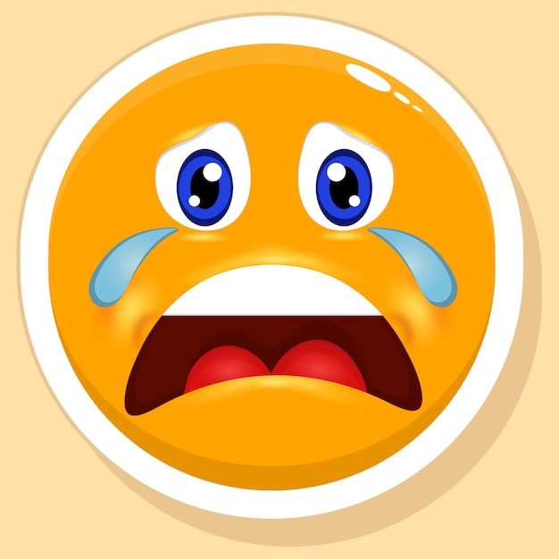 Sticker style crying cartoon emoji face on yellow background