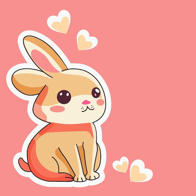 Vettore stile adesivo simpatico coniglio o coniglietto seduto con cuori volanti su sfondo rosa pastello amore o concetto di san valentino