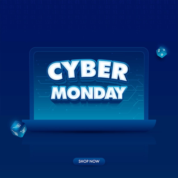 Stile adesivo cyber monday testo sullo schermo del laptop e dadi su sfondo blu per la vendita