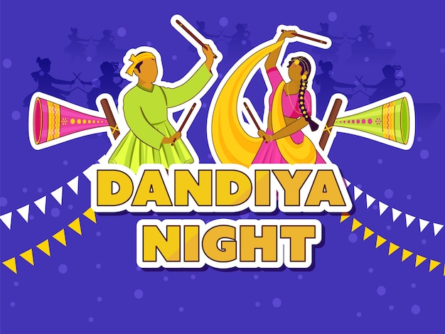 Sticker style dandiya night font with faceless indian couple playing and vuvuzela on blue background