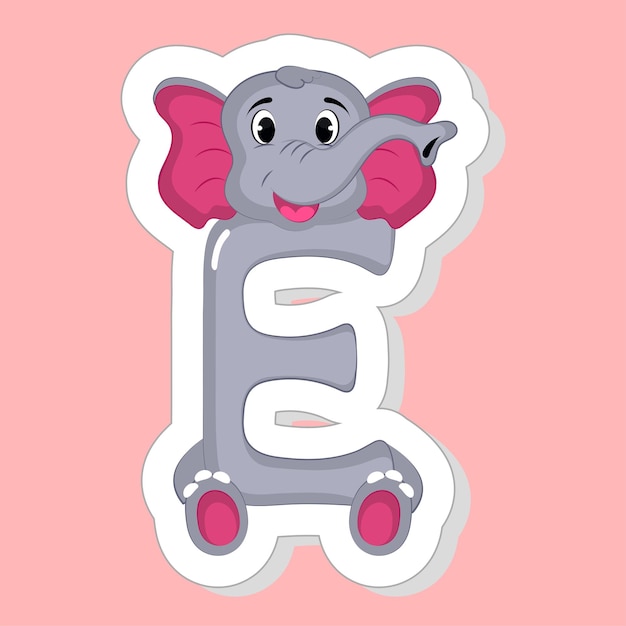 Sticker Style E Alphabet Animal Cartoon Elephant On Pink Background