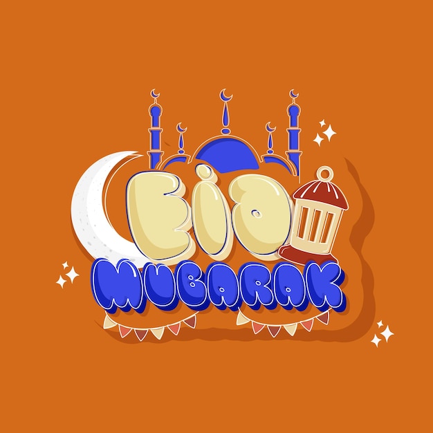 Sticker Style Eid Mubarak Font met halve maan Arabische lantaarn Moskee en Bunting Vlaggen versierd op oranje achtergrond voor islamitisch feestviering concept